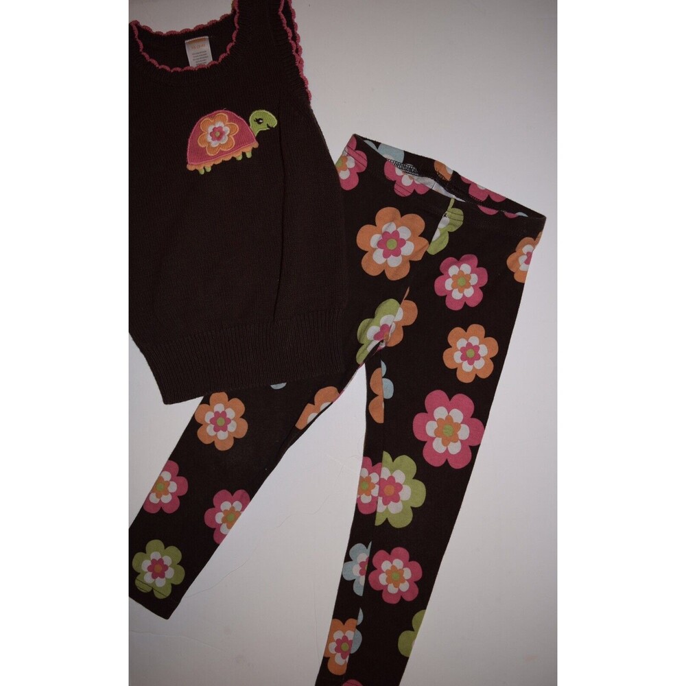 EUC GYMBOREE GIRLS GROWING FLOWERS 2 PC SET BROWN TURTLE VEST 3-4 LEGGINGS 4